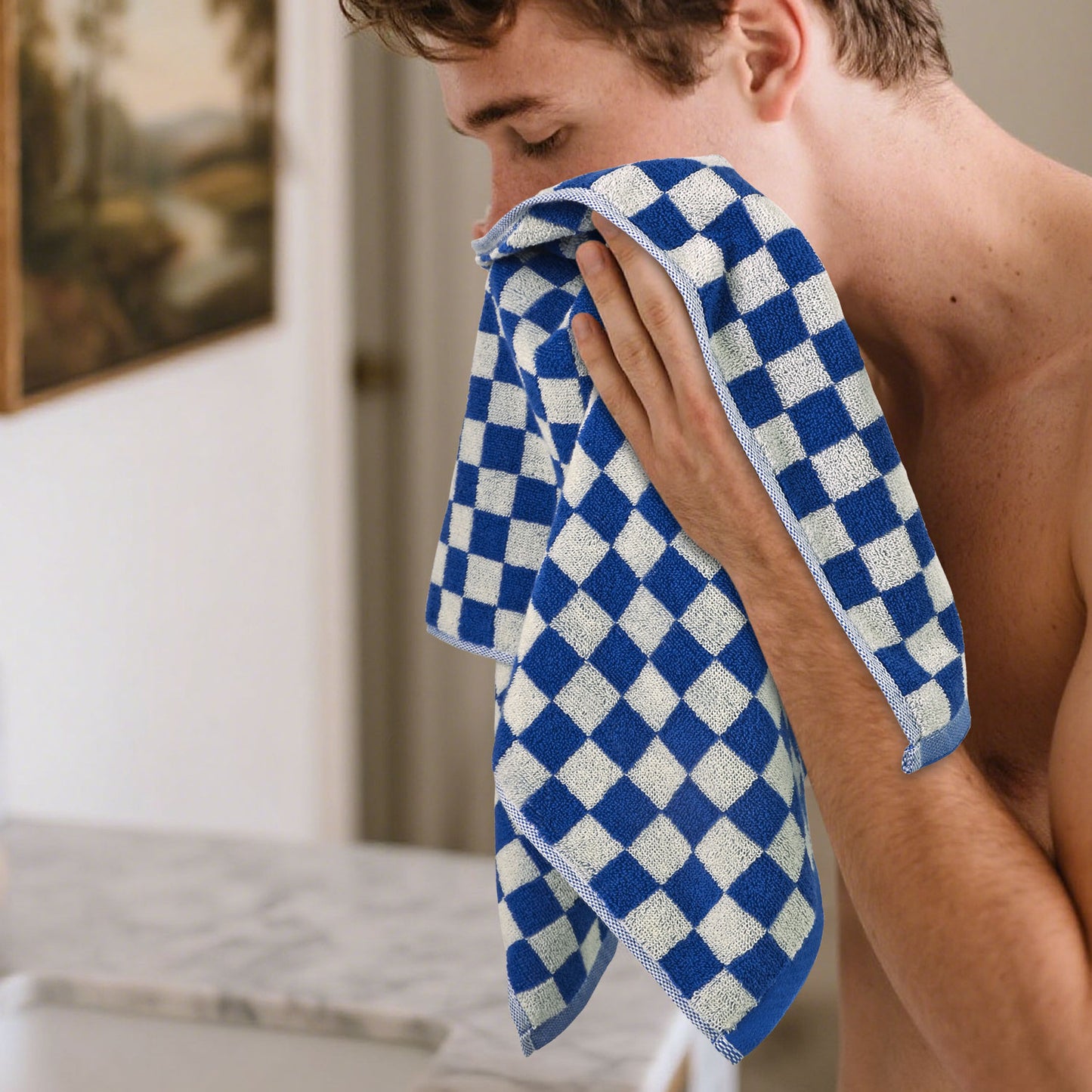 Hand Towels Set of 4 - Cute Nautical Checkered Hand Towel for Bathroom, Kitchen, Pool, Lightweight Cotton, 29” x 13”