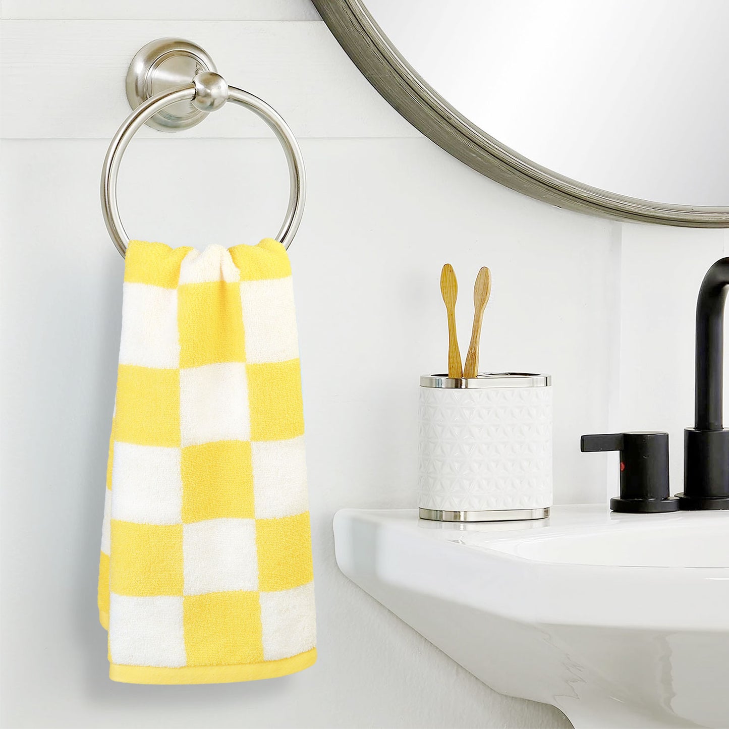 3 Pack Hand Towels set with Large Checkered Pattern, 100% Cotton, 13 x 28 Inches