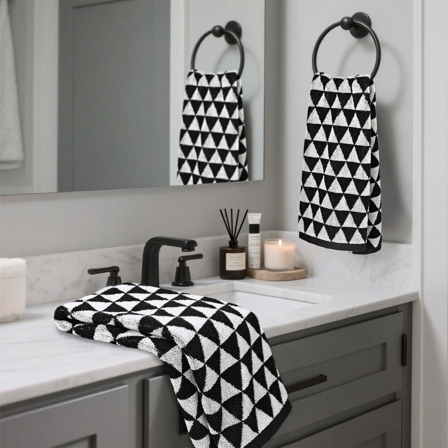 Hand Towels for Bathroom & Kitchen with Geometric Triangle, Cotton Quick Dry Towels for Hand Face Hair 13x29 Inches, Modern & Farmhouse