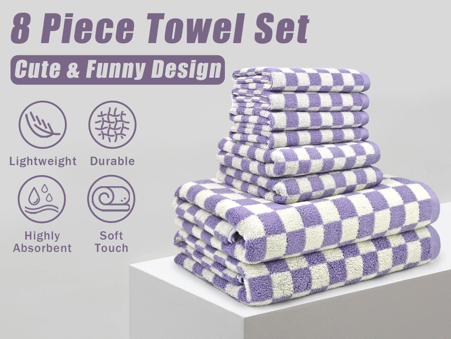 Jacquotha 8-Piece Cotton Towels and Washcloths Sets, Cute Checkered Bathroom Towels Set, Luxury Soft Absorbent Lightweight Towel, Lilac