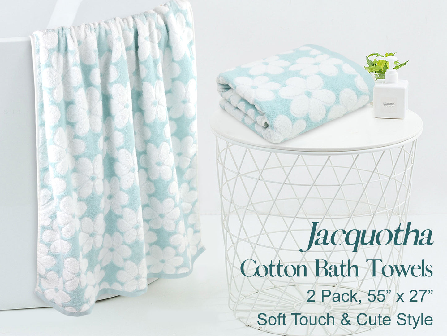 Jacquotha Soft Bath Towels 2 Pack, Super Absorbent Shower Towels 27.5x55 Inches, Cute Floral Jacquard Bathroom Set, Cotton