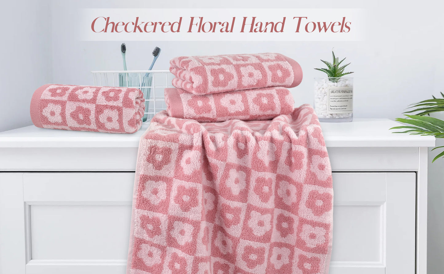 Jacquotha Cotton Hand Towels Checkered Floral - Quick Drying Hand Towel Set of 4, for Women Girls Bathroom Decor, 29” x 13”