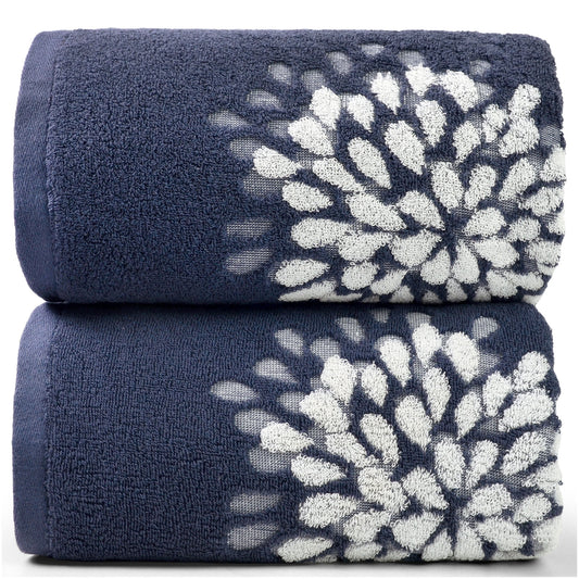 Cute Bath Towels Set of 2 - Large 55” x 28”, Decorative Hydrangea Floral Jacquard, Guest Room & Bathroom Decor, Cotton