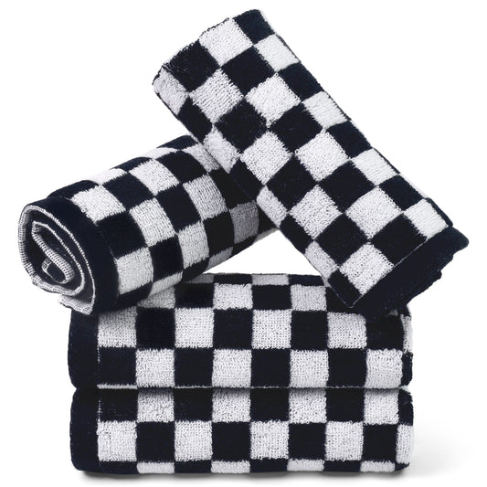 Jacquotha Wash Cloths Checkered 4 Pack - Cotton Washcloths for Face Body, 13 x 13 Inches Daily Cleansing Kitchen Towels