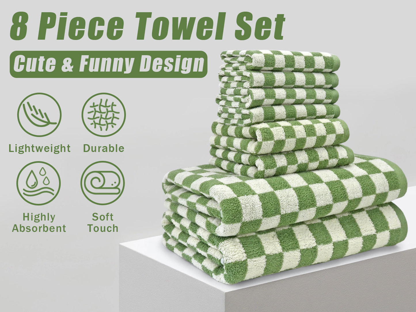 Jacquotha Green Checkered Towels Set of 8, Cotton Towels for Bathroom, 2 Bath, 2 Hand, 4 Washcloths, Soft Absorbent Quick Dry Gifts