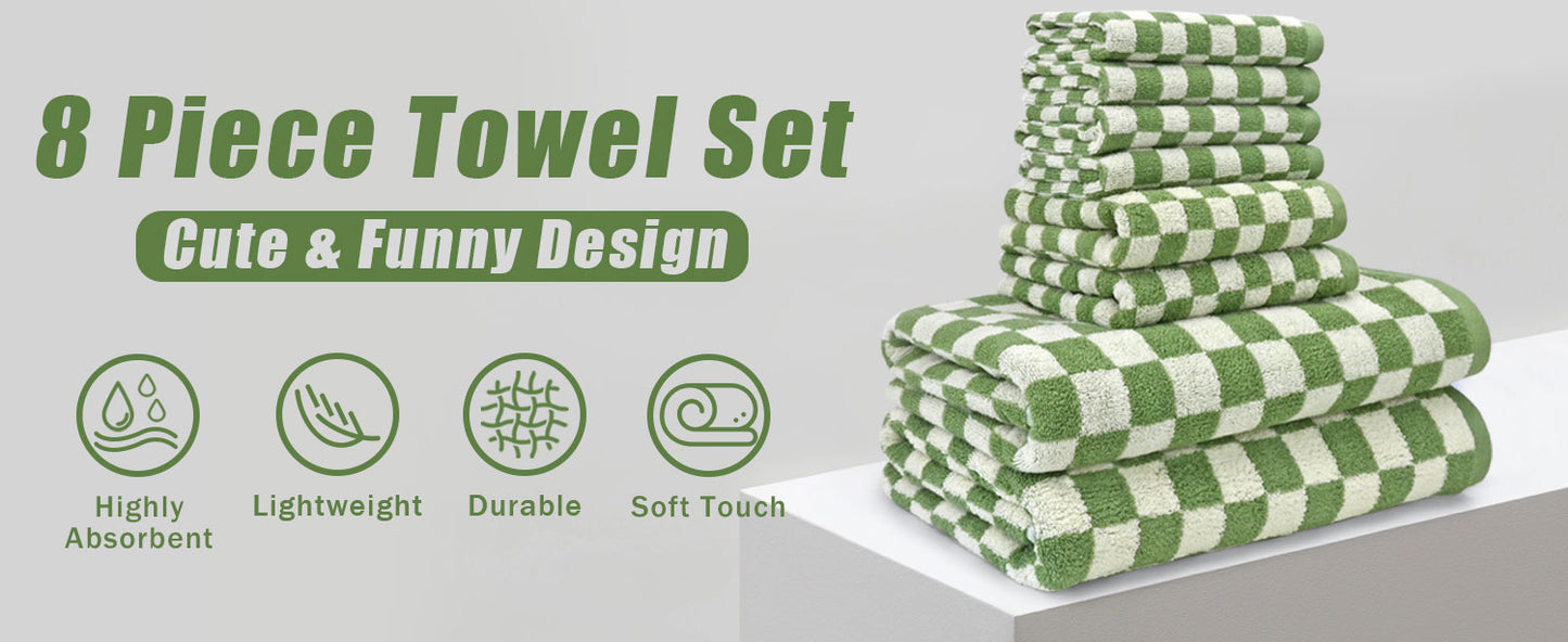 Jacquotha Green Checkered Towels Set of 8, Cotton Towels for Bathroom, 2 Bath, 2 Hand, 4 Washcloths, Soft Absorbent Quick Dry Gifts