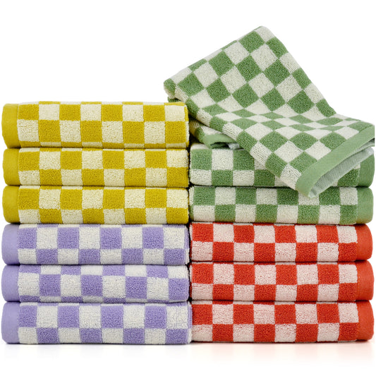 Jacquotha Washcloths 12 Pack Checkered - Wash Cloths for Showering (13"x13"), Multi-Purpose Bathroom Face Cloths, Soft and Cute