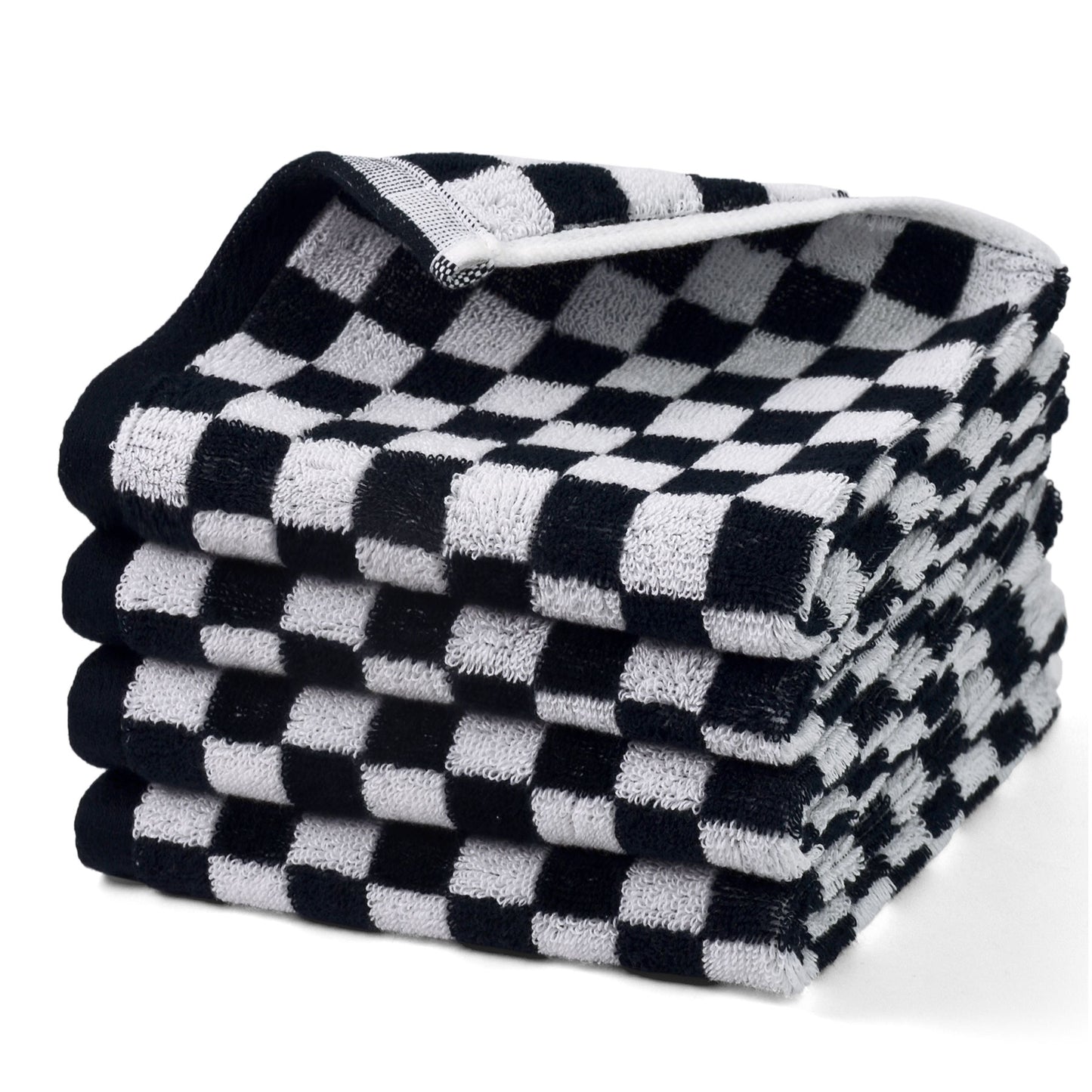 Jacquotha Wash Cloths Checkered 4 Pack - Cotton Washcloths for Face Body, 13 x 13 Inches Daily Cleansing Kitchen Towels
