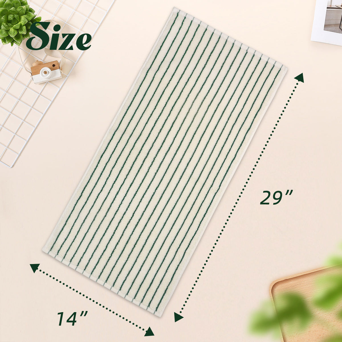 Jacquotha Green Striped Hand Towels for Kitchen, Vintage Bathroom Decor, Natural Cotton Tea Towel, 14” x 29”