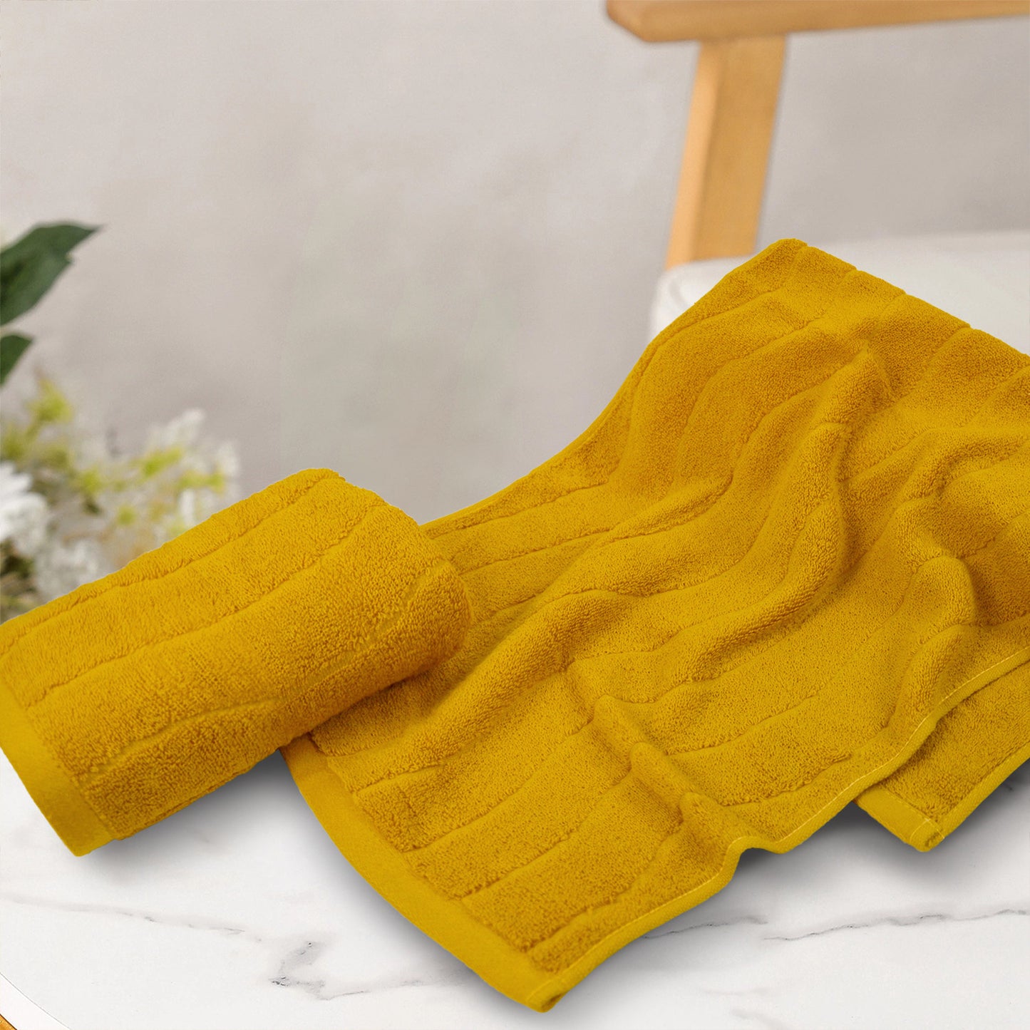 Jacquotha Wavy Striped Cotton Hand Towels, Set of 2, Dry Your Hand Instantly, 13x29 Inches, Mustard Kitchen Bathroom Towel