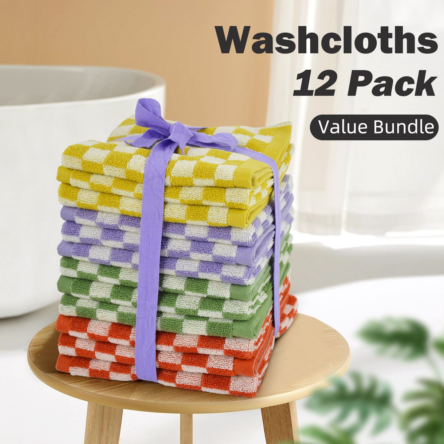 Jacquotha Washcloths 12 Pack Checkered - Wash Cloths for Showering (13"x13"), Multi-Purpose Bathroom Face Cloths, Soft and Cute
