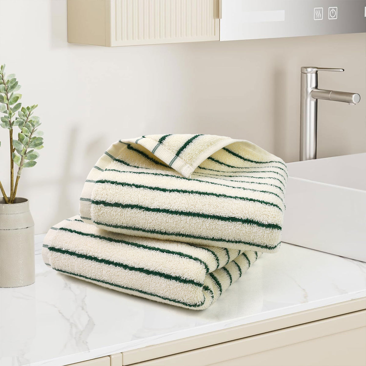Jacquotha Green Striped Hand Towels for Kitchen, Vintage Bathroom Decor, Natural Cotton Tea Towel, 14” x 29”