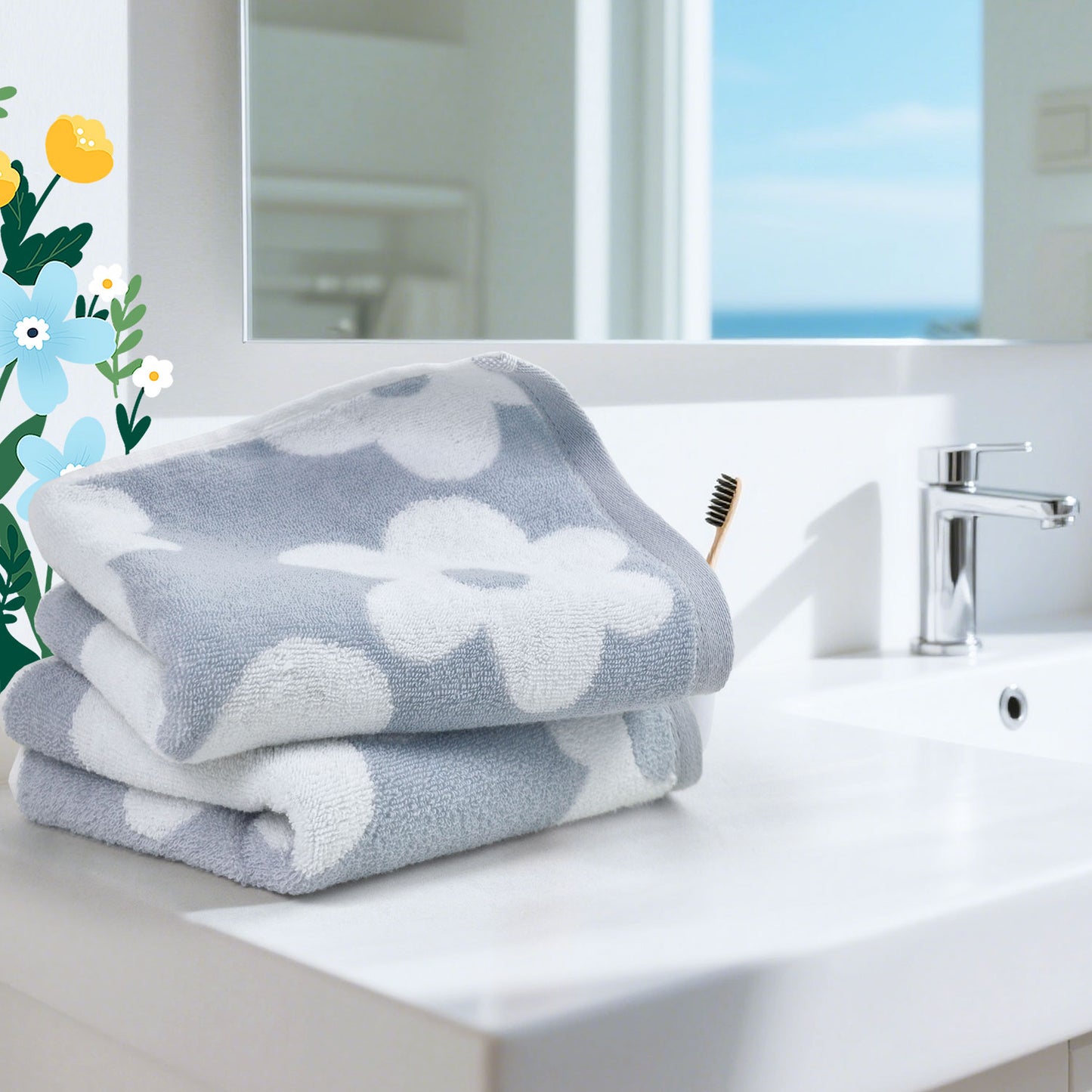 Jacquotha Floral Hand Towels for Bathroom - 2 Pack Cotton Face Towels 13" x 28", Soft Decorative with Cute Daisy Prints for Guest Room, Kitchen Decor