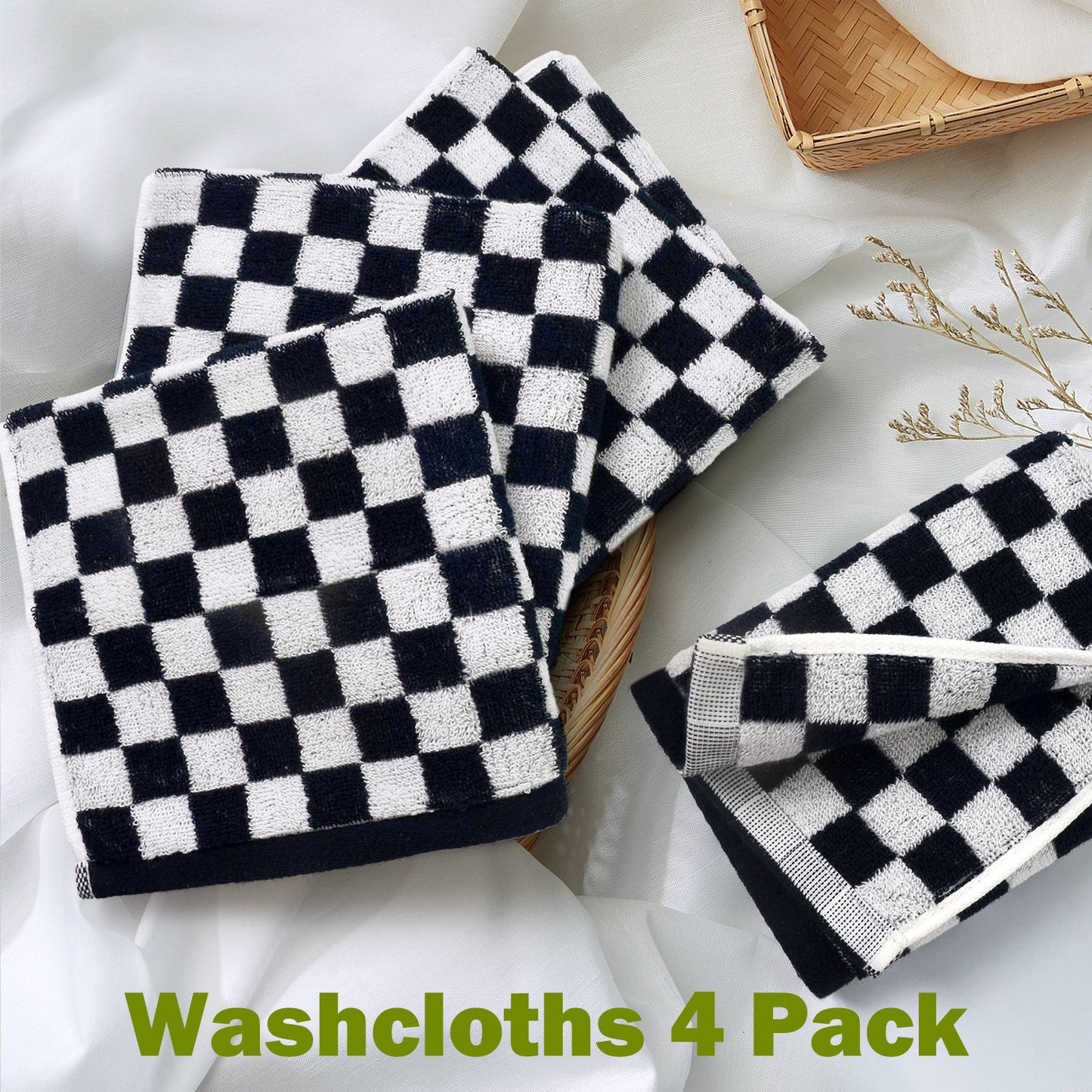 Jacquotha Wash Cloths Checkered 4 Pack - Cotton Washcloths for Face Body, 13 x 13 Inches Daily Cleansing Kitchen Towels