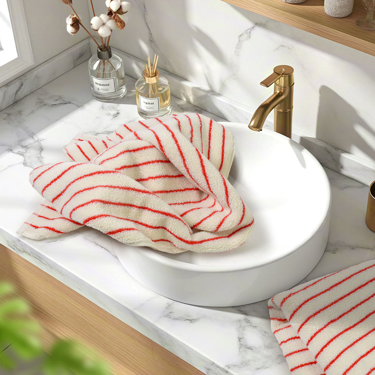 Jacquotha Striped Hand Towels Set of 2, Vintage Bathroom & Kitchen Decor, Guest Use, Soft Gentle for Adults Kids, Natural Cotton, 14” x 29”, Coral Red
