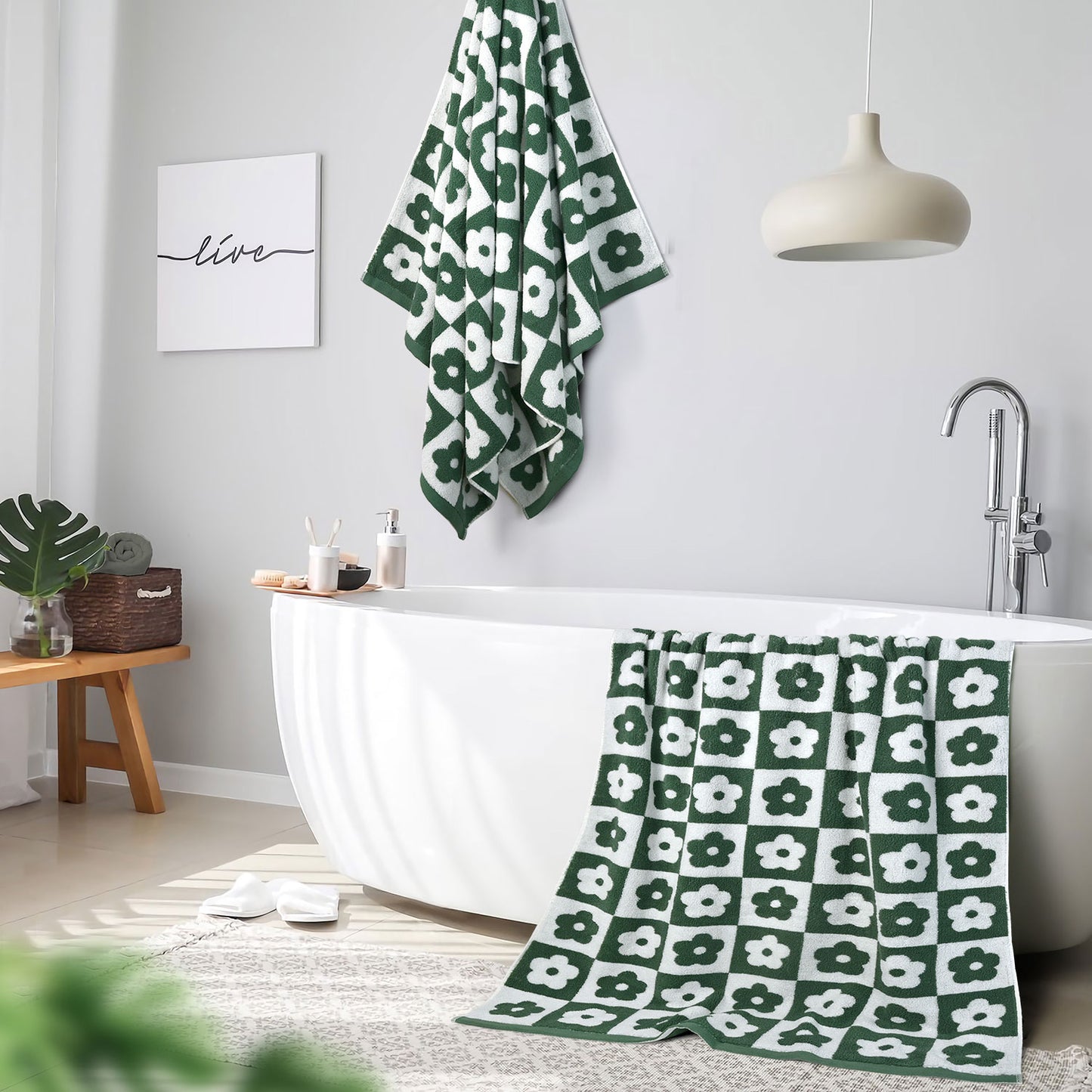 Jacquotha 2-Pieces Luxury Bath Towels Checkered Floral, Flower Towels for Women Girls Shower Body 27.5x55 Inches, Valentines Decor for Bathroom & Pool Days, Cotton