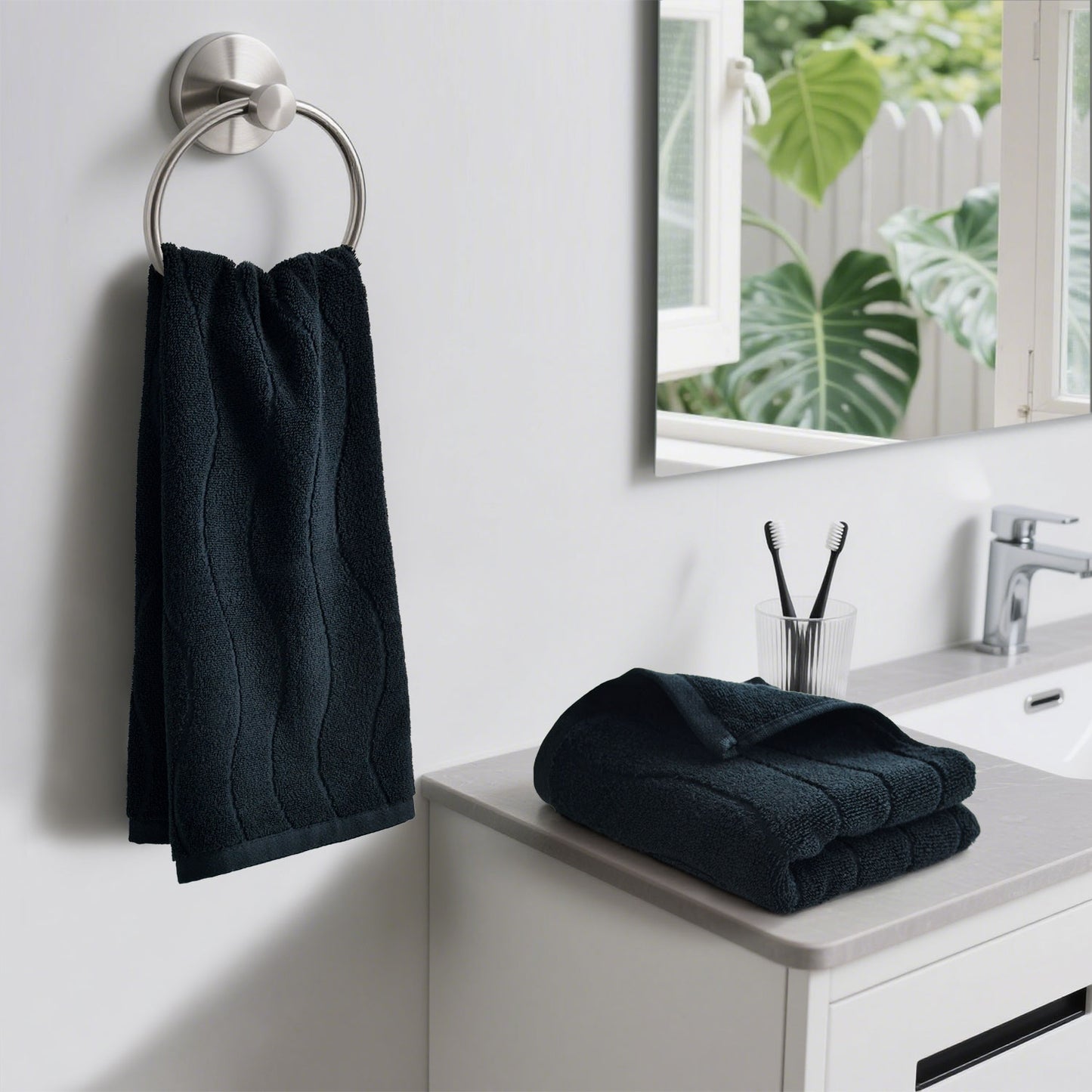 Jacquotha Wavy Striped Cotton Hand Towels, Set of 2, Dry Your Hand Instantly, 13x29 Inches, Mustard Kitchen Bathroom Towel