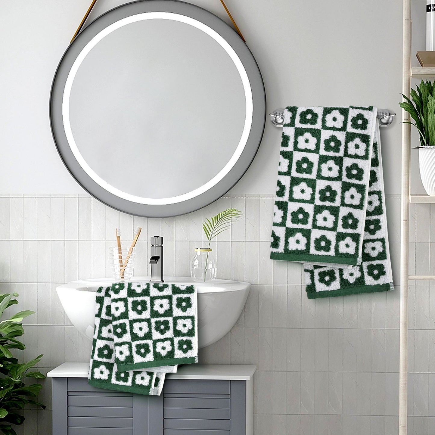 Jacquotha Cotton Hand Towels Checkered Floral - Quick Drying Hand Towel Set of 4, for Women Girls Bathroom Decor, 29” x 13”