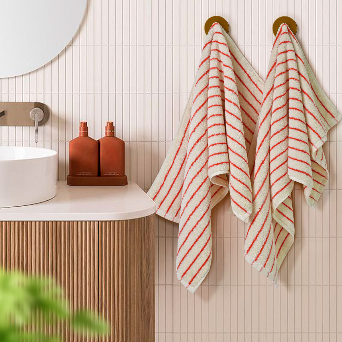 Jacquotha Striped Hand Towels Set of 2, Vintage Bathroom & Kitchen Decor, Guest Use, Soft Gentle for Adults Kids, Natural Cotton, 14” x 29”, Coral Red