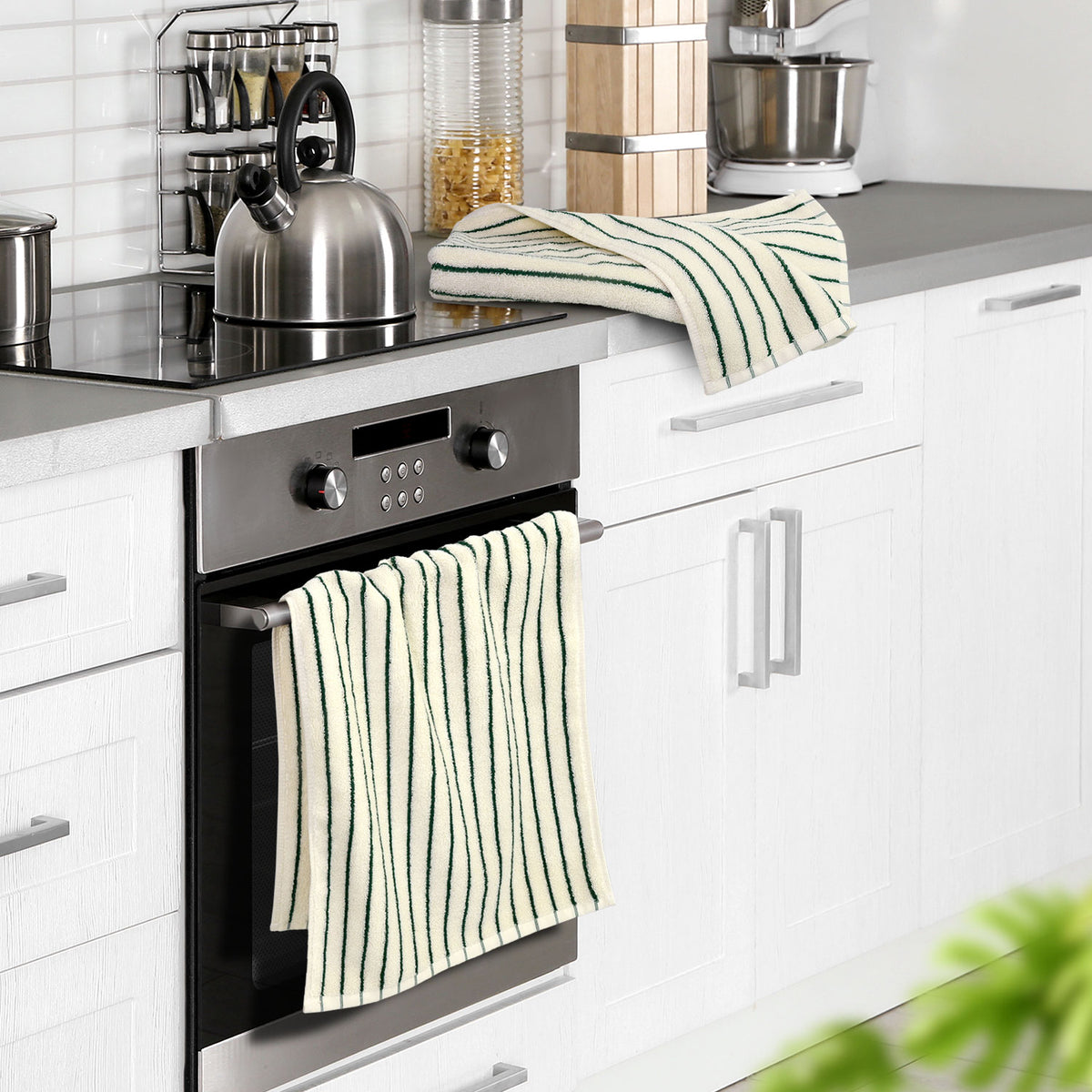 Jacquotha Green Striped Hand Towels for Kitchen, Vintage Bathroom Decor, Natural Cotton Tea Towel, 14” x 29”