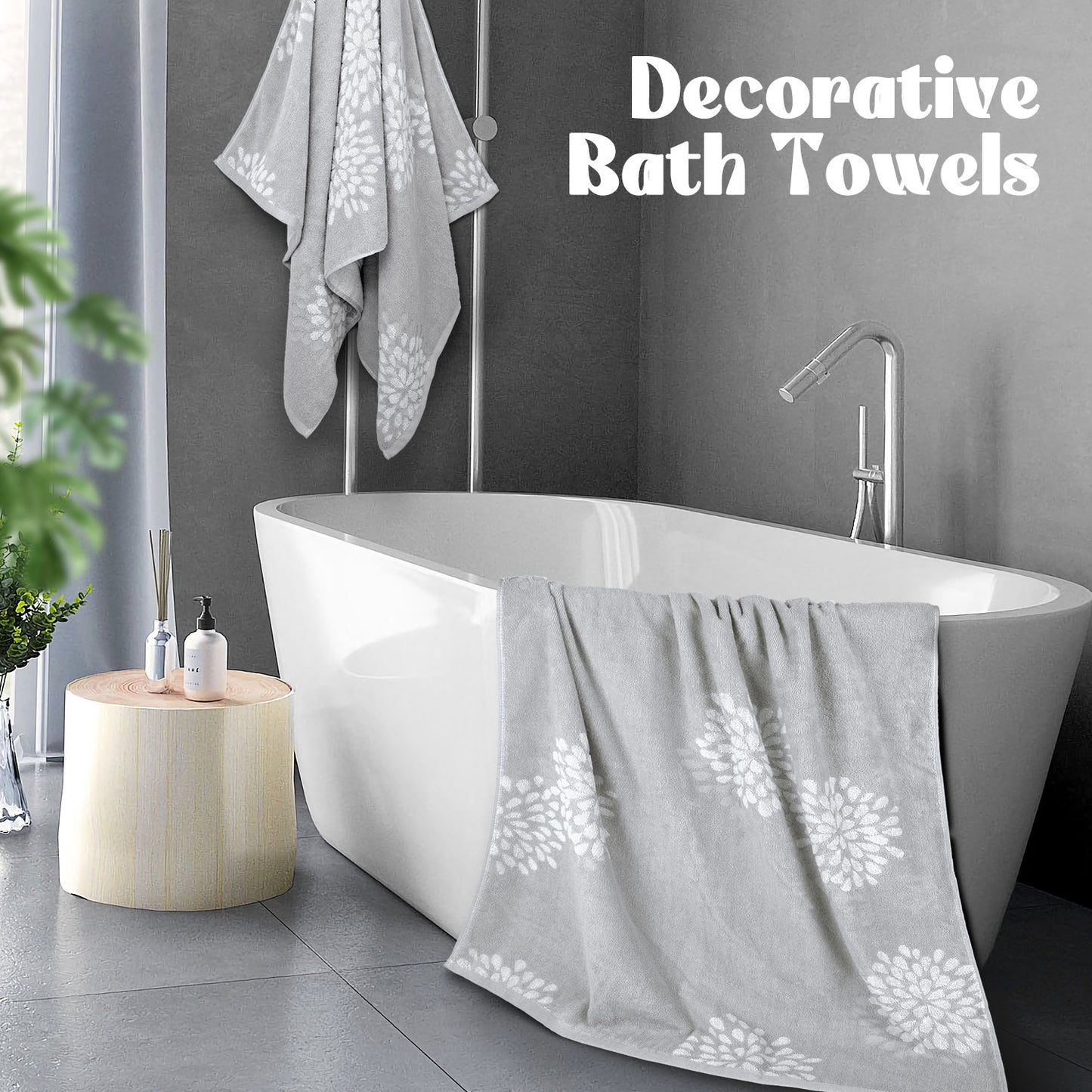 Cute Bath Towels Set of 2 - Large 55” x 28”, Decorative Hydrangea Floral Jacquard, Guest Room & Bathroom Decor, Cotton