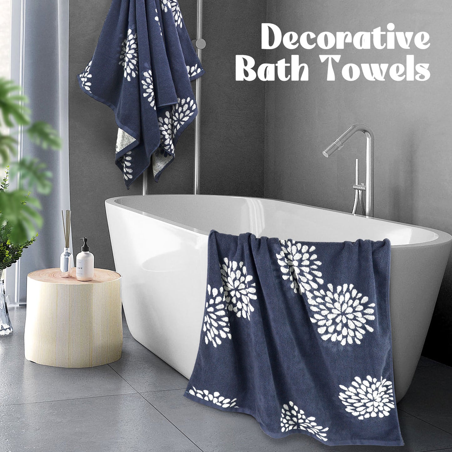 Cute Bath Towels Set of 2 - Large 55” x 28”, Decorative Hydrangea Floral Jacquard, Guest Room & Bathroom Decor, Cotton