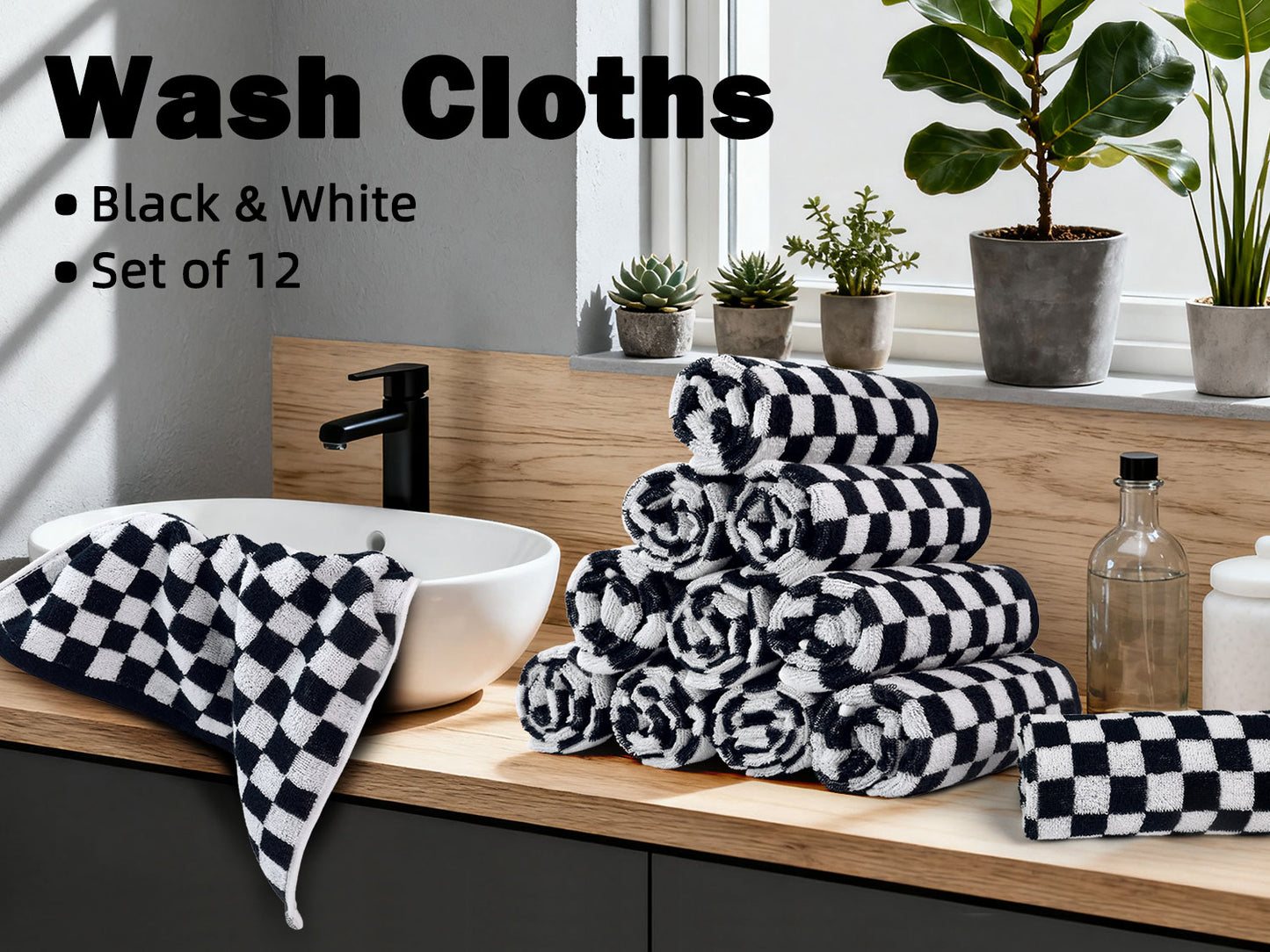 Jacquotha Washcloths 12 Pack Checkered - Wash Cloths for Showering (13"x13"), Multi-Purpose Bathroom Face Cloths, Soft and Cute