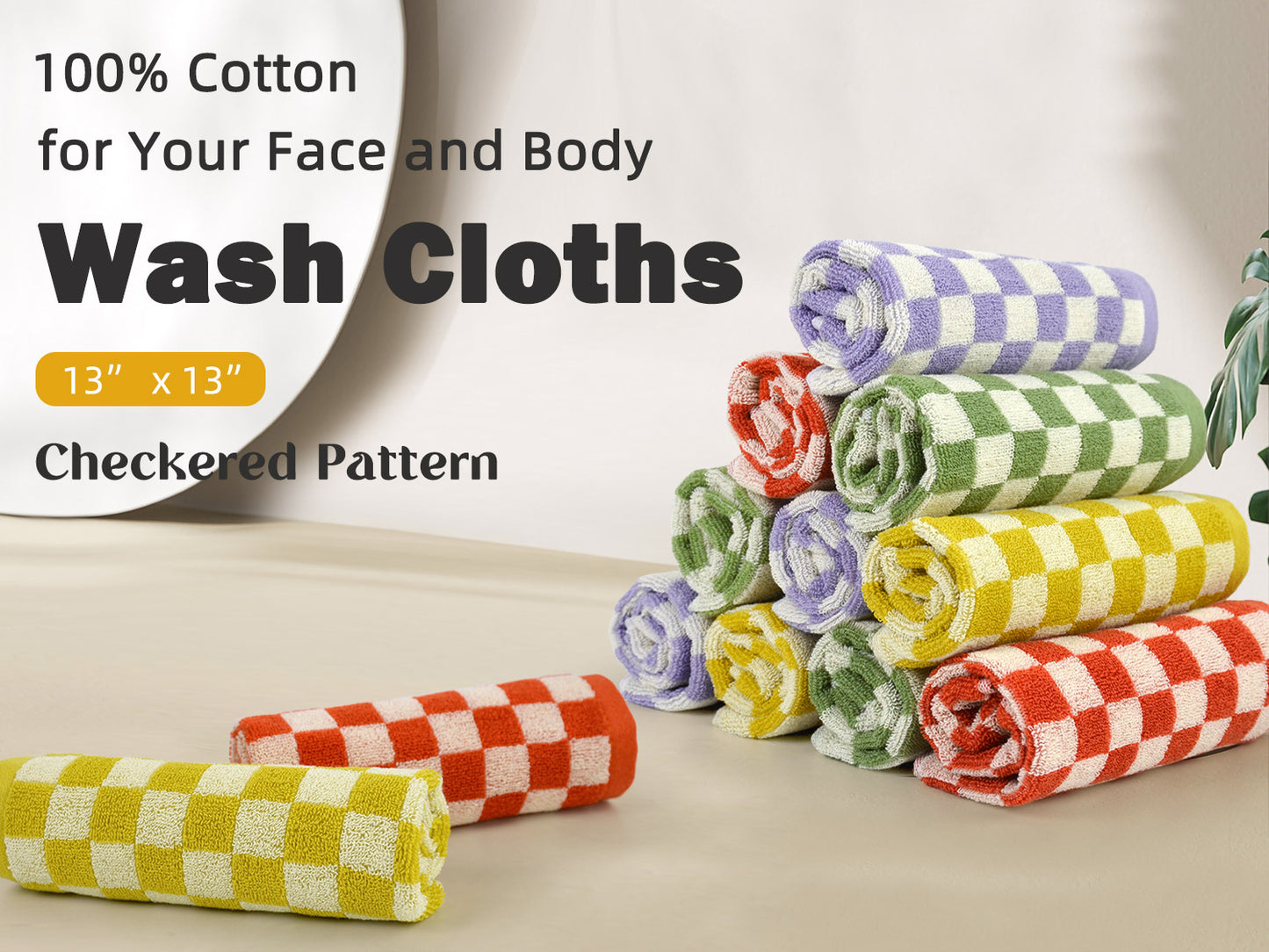 Jacquotha Washcloths 12 Pack Checkered - Wash Cloths for Showering (13"x13"), Multi-Purpose Bathroom Face Cloths, Soft and Cute