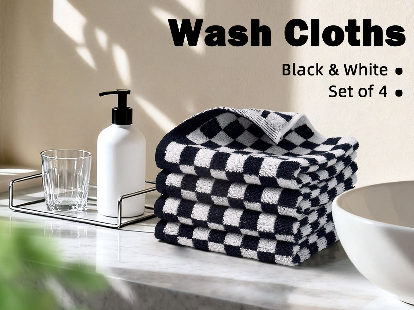 Jacquotha Wash Cloths Checkered 4 Pack - Cotton Washcloths for Face Body, 13 x 13 Inches Daily Cleansing Kitchen Towels