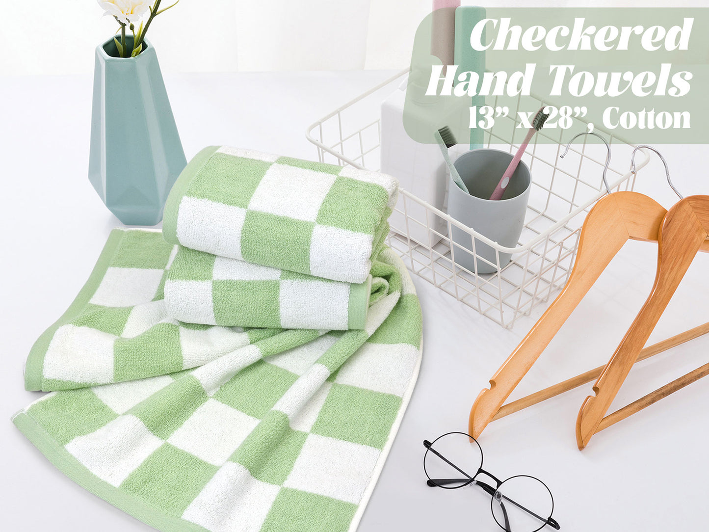 3 Pack Hand Towels set with Large Checkered Pattern, 100% Cotton, 13 x 28 Inches