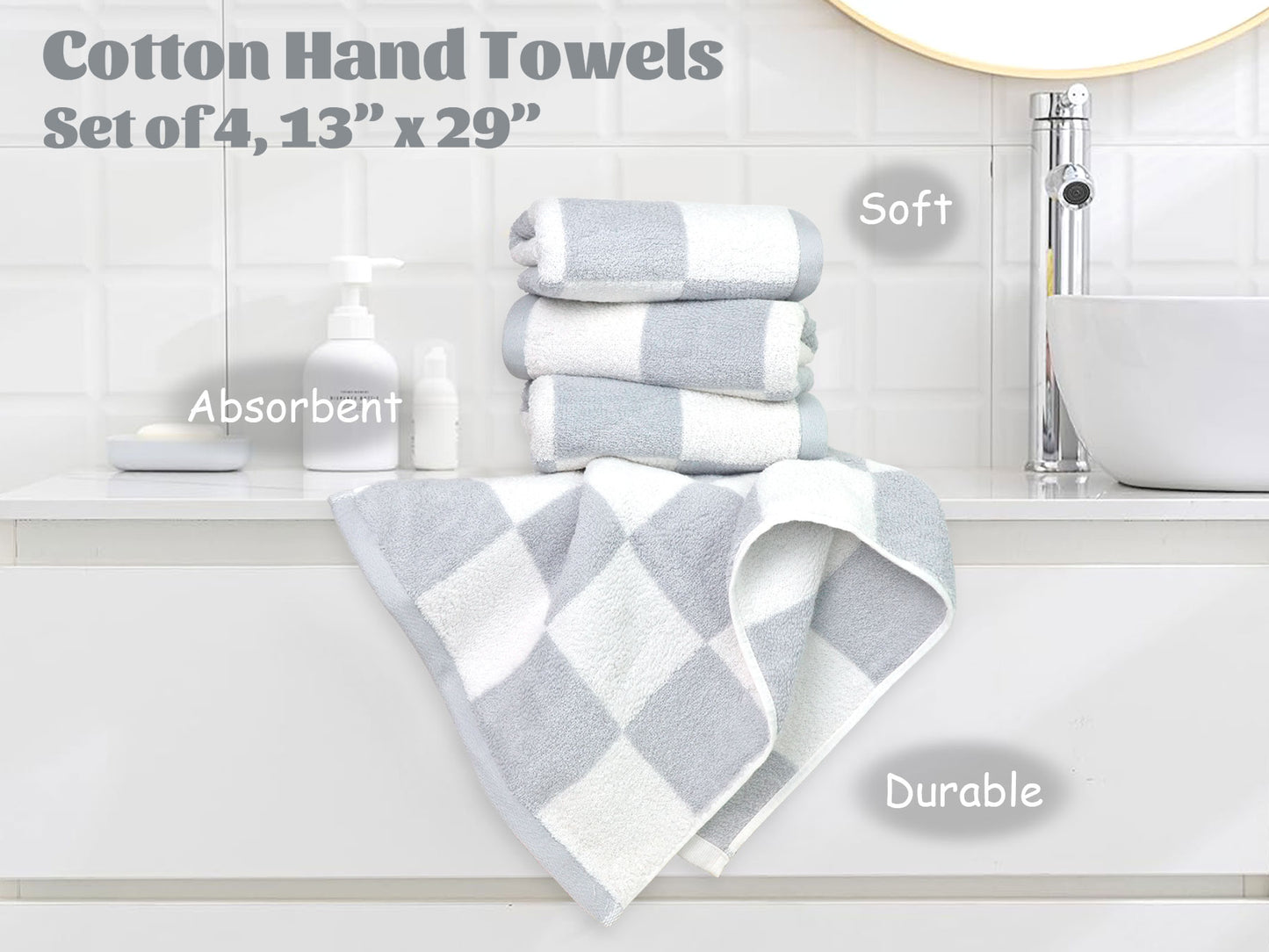 4-Piece Hand Towels Soft & Quick-Drying, 13"x29" Checkered Bathroom Towels for Gym, Guest, Travel, Swim, Neutral & Comfort