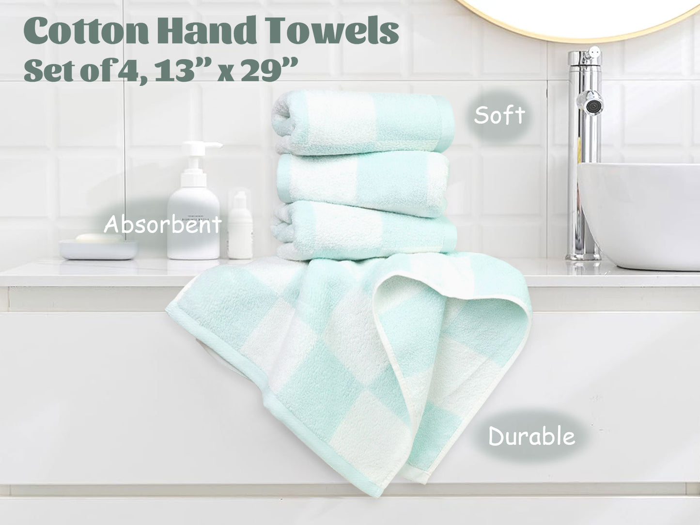 4-Piece Hand Towels Soft & Quick-Drying, 13"x29" Checkered Bathroom Towels for Gym, Guest, Travel, Swim, Neutral & Comfort