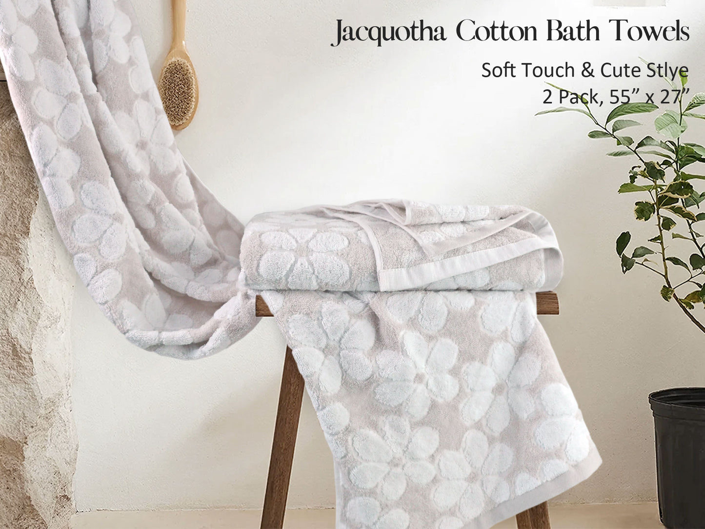 Jacquotha Soft Bath Towels 2 Pack, Super Absorbent Shower Towels 27.5x55 Inches, Cute Floral Jacquard Bathroom Set, Cotton