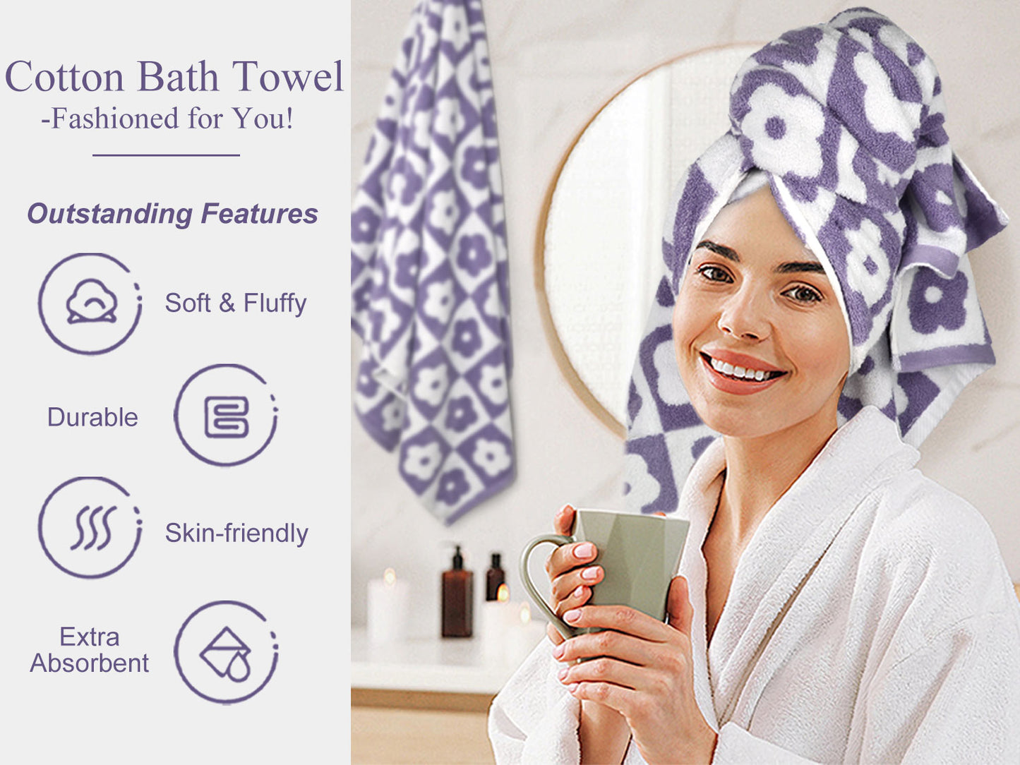 Jacquotha 2-Pieces Luxury Bath Towels Checkered Floral, Flower Towels for Women Girls Shower Body 27.5x55 Inches, Valentines Decor for Bathroom & Pool Days, Cotton