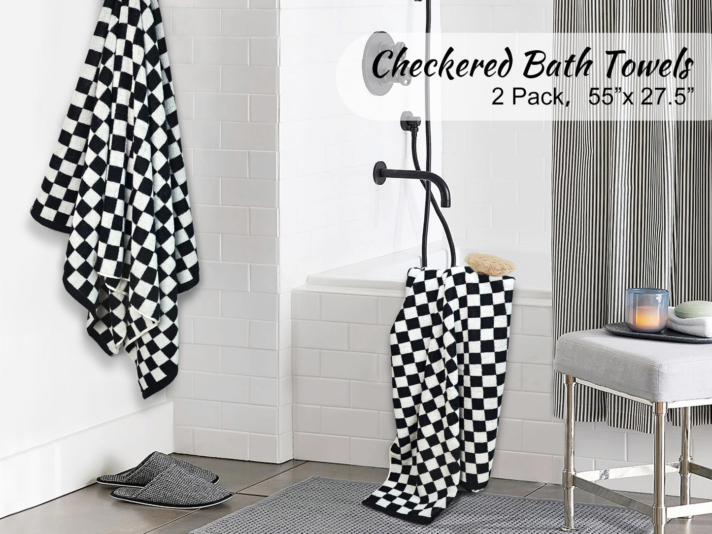 Jacquotha 520 GSM Luxury Checkered Cotton Bath Towels Set of 2 - Cute Aesthetic Bathroom Towels for Bathroom Decor 27.5" x 55"