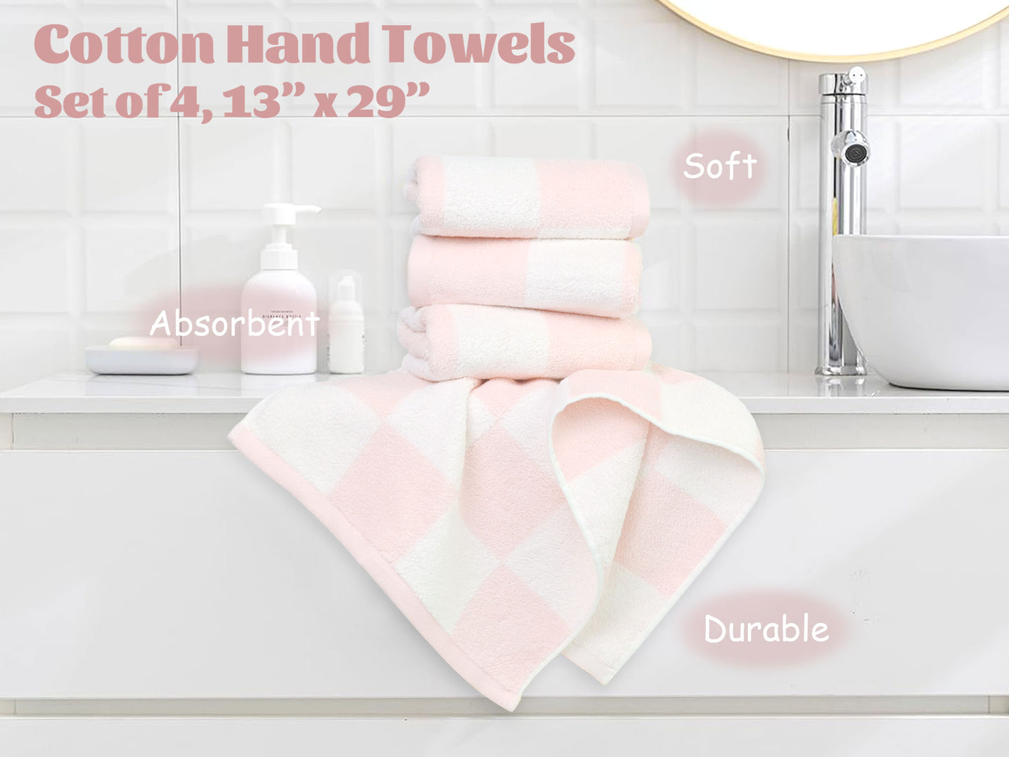 4-Piece Hand Towels Soft & Quick-Drying, 13"x29" Checkered Bathroom Towels for Gym, Guest, Travel, Swim, Neutral & Comfort