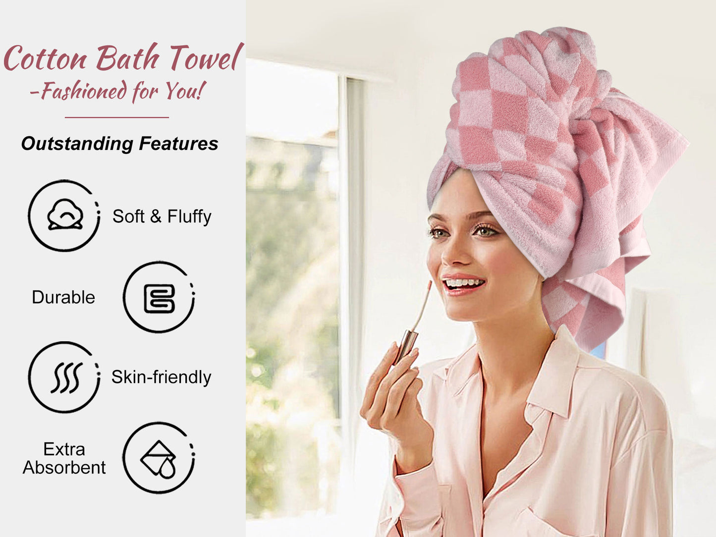 Jacquotha Soft Bath Towels for Bathroom Beach Pool (Pink Checkered) Set of 2, Quick Dry Cotton Cute Valentines Towels for Her Women Girls, 27.5x55 Inches