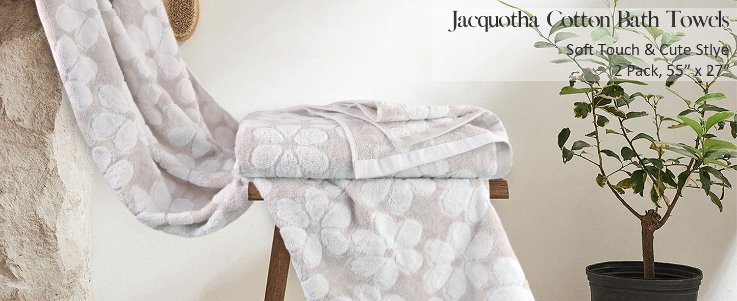Jacquotha Soft Bath Towels 2 Pack, Super Absorbent Shower Towels 27.5x55 Inches, Cute Floral Jacquard Bathroom Set, Cotton