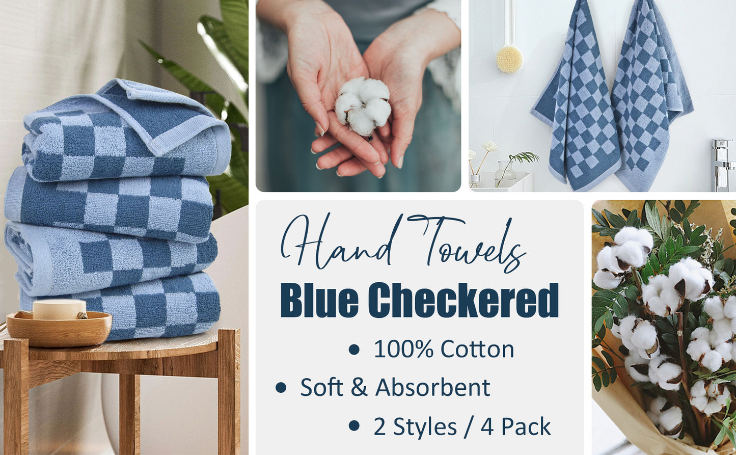 Jacquotha Soft Cotton Hand Towels in Checkered - 4 Pack Lightweight Absorbent Towels for Hand Drying and Face Washing, for Women Girls Wife Daughter, 29x13 Inches