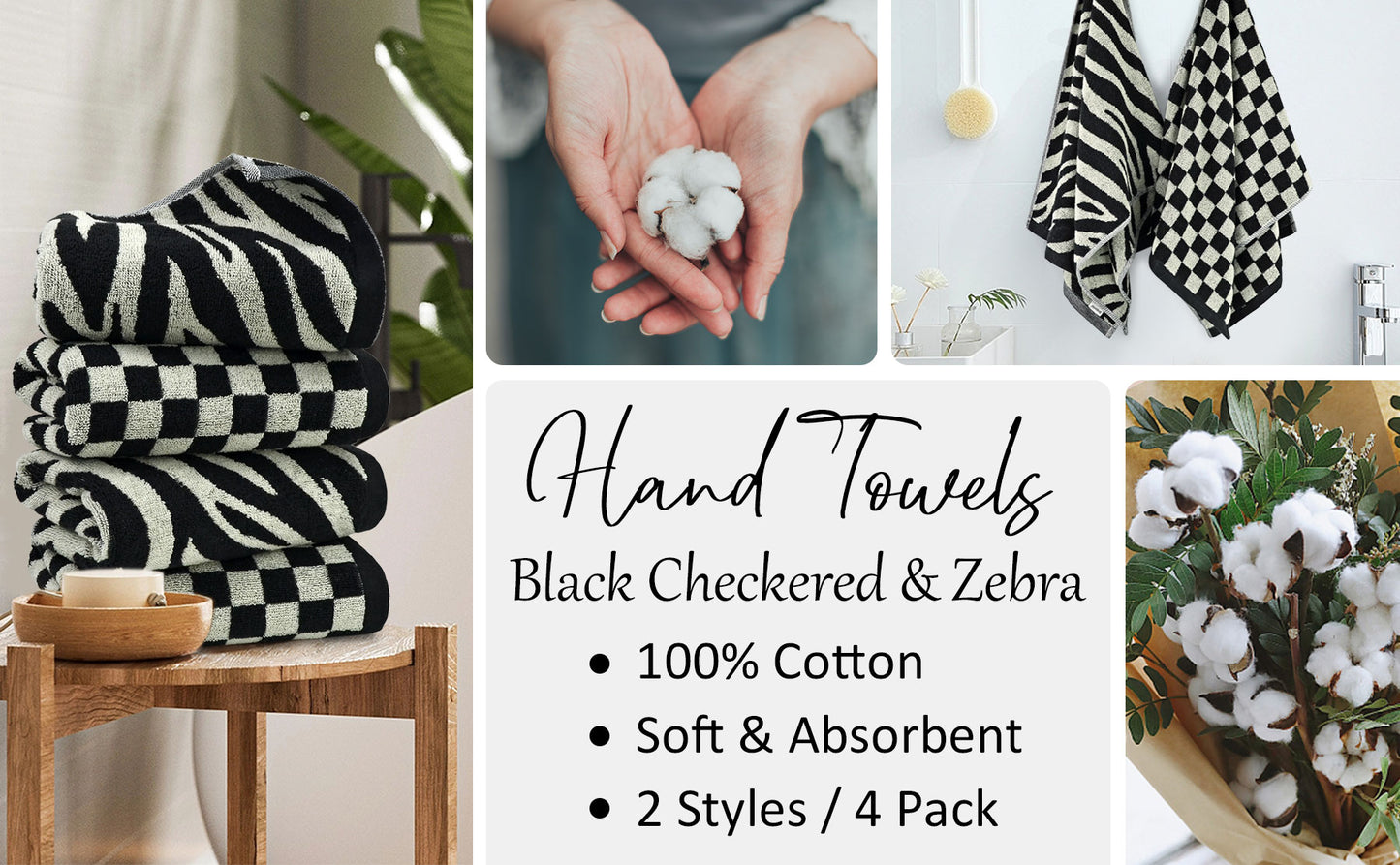 Jacquotha Bathroom Hand Towels 2 Style 4 Pack - Black Hand Towel Checkered and Zebra, Cotton