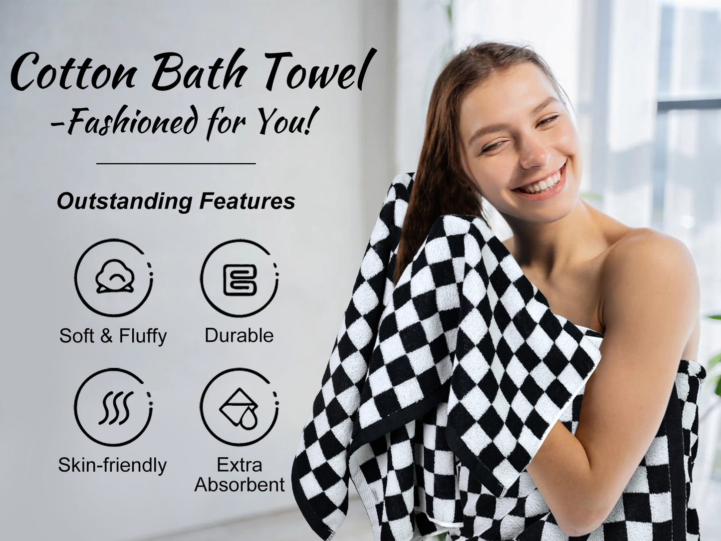 Jacquotha 520 GSM Luxury Checkered Cotton Bath Towels Set of 2 - Cute Aesthetic Bathroom Towels for Bathroom Decor 27.5" x 55"