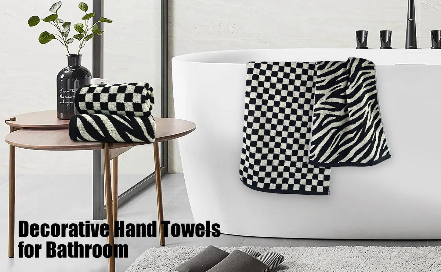 Jacquotha Bathroom Hand Towels 2 Style 4 Pack - Black Hand Towel Checkered and Zebra, Cotton