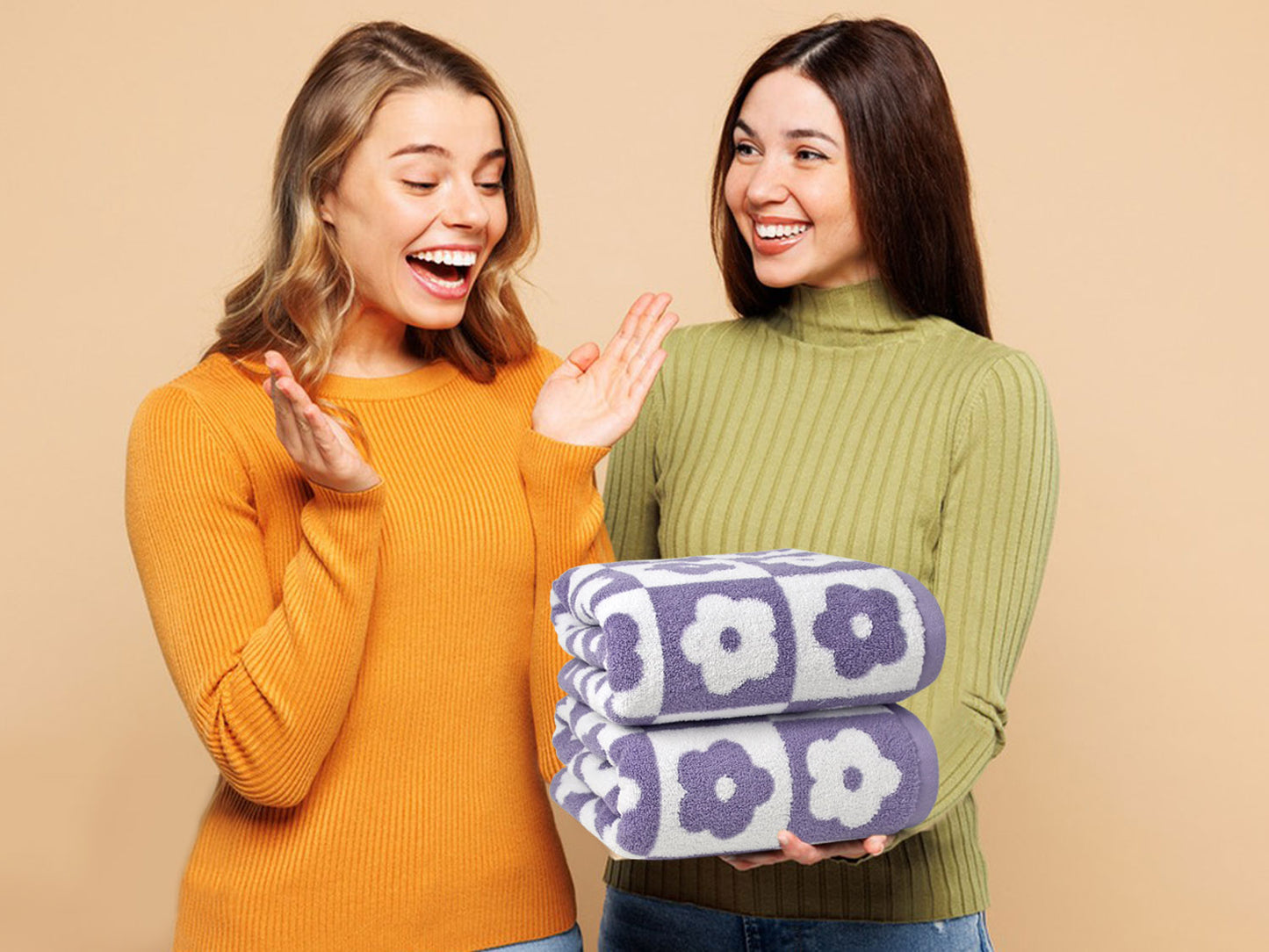 Jacquotha 2-Pieces Luxury Bath Towels Checkered Floral, Flower Towels for Women Girls Shower Body 27.5x55 Inches, Valentines Decor for Bathroom & Pool Days, Cotton