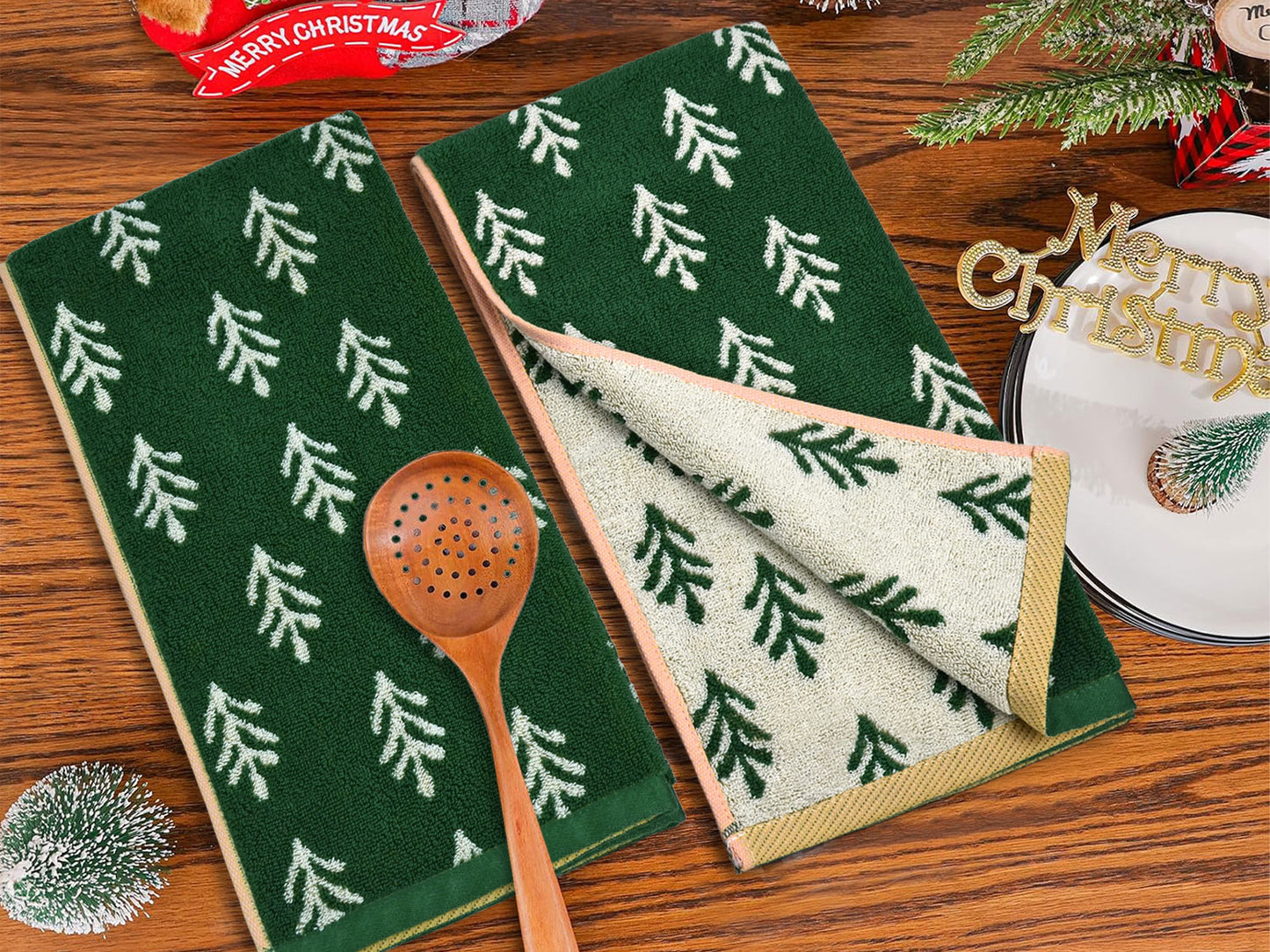 Decorative Hand Towels for Kitchen Bathroom Winter Decor Xmas Gifts, Cotton Towel Daily Luxury & Holiday Cheer, Forest Green Trees